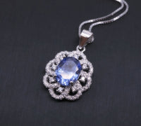 High Quality Tanzanite Necklace Sterling Silver Flower Pendant - Lab created Vivid Energic Tanzanite Gemstone #472