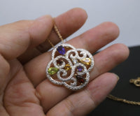 Large Multi Gemstone Sterling Silver Flower Necklace - 14k Gold Filled Chain - Amethyst Peridot Aquamarine Large four-leaf clover Pendant