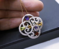 Large Multi Gemstone Sterling Silver Flower Necklace - 14k Gold Filled Chain - Amethyst Peridot Aquamarine Large four-leaf clover Pendant