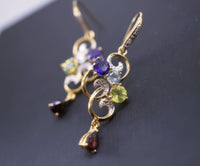 Multi Gemstone Flower Dangle Earrings - 24 k Gold Plated 925 sterling silver Earrings - Teardrop Garnet Peridot Amthyst Aquamarine Earrings