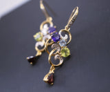 Multi Gemstone Flower Dangle Earrings - 24 k Gold Plated 925 sterling silver Earrings - Teardrop Garnet Peridot Amthyst Aquamarine Earrings