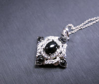 Natural Black Onyx Necklace, Luxury 925 Sterling Silver Onyx Pendant, Silver White Sapphire Black Tourmaline decoration Square Pendant