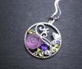 Amethyst Flower Necklace 925 Sterling silver Peridot Aquamarine CZ Stone Garden Pendant, Full Sterling silver Multi Gemstone Pendant