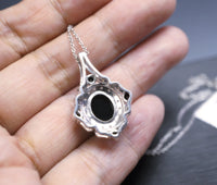 Shinning Black Onyx Necklace - Sterling Silver White Sapphire - Life Of Flower - Halo Black Stone Oval Gemstone