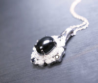 Shinning Black Onyx Necklace - Sterling Silver White Sapphire - Life Of Flower - Halo Black Stone Oval Gemstone