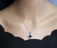 Shinning Black Onyx Necklace - Sterling Silver White Sapphire - Life Of Flower - Halo Black Stone Oval Gemstone