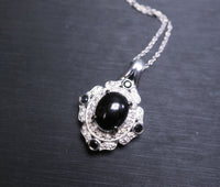 Shinning Black Onyx Necklace - Sterling Silver White Sapphire - Life Of Flower - Halo Black Stone Oval Gemstone