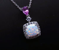 Synthetic Fire Opal Necklace Sterling Silver Square White Opal Pendant , Luxury Bridal Opal Jewelry