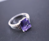 Large Emerald Cut Amethyst Ring Sterling Silver Size 7 Rectangle Purple Gemstone White Sapphire Solitaire Amethyst February Birthstone