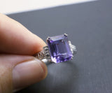 Large Emerald Cut Amethyst Ring Sterling Silver Size 7 Rectangle Purple Gemstone White Sapphire Solitaire Amethyst February Birthstone