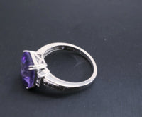 Large Emerald Cut Amethyst Ring Sterling Silver Size 7 Rectangle Purple Gemstone White Sapphire Solitaire Amethyst February Birthstone