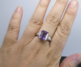 Large Emerald Cut Amethyst Ring Sterling Silver Size 7 Rectangle Purple Gemstone White Sapphire Solitaire Amethyst February Birthstone