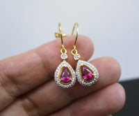 Teardrop Ruby Earrings - Dangle Gold Plated Sterling Silver Red Gemstone Earrings - Bridal Earring