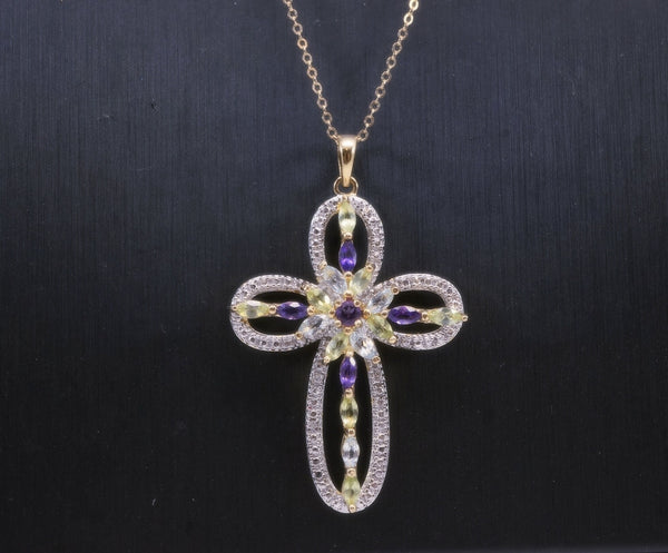 Large Sterling Silver Flower Cross Multi Gemstone Pendant Aquamarine Peridot Amethyst Necklace