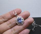 High Quality Tanzanite Necklace Sterling Silver Flower Pendant - Lab created Vivid Energic Tanzanite Gemstone #472