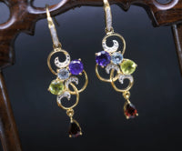 Multi Gemstone Flower Dangle Earrings - 24 k Gold Plated 925 sterling silver Earrings - Teardrop Garnet Peridot Amthyst Aquamarine Earrings