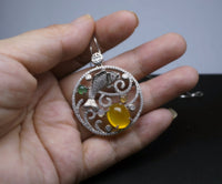 Yellow Carnelian Necklace - 925 Sterling Silver Yellow Onyx Fish Necklace - Large Round Ring Circle Pendant - Orange Agate