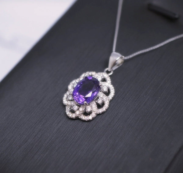 Genuine Amethyst Necklace Sterling Silver Sim Gemstone Flower White Gold Coated Natural Purple Gemstone February Birthstone Jewelry #456