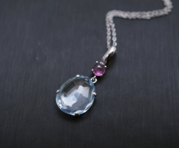 Genuine blue topaz necklace - sterling silver rough delicated cut large topaz tourmaline dangle pendant