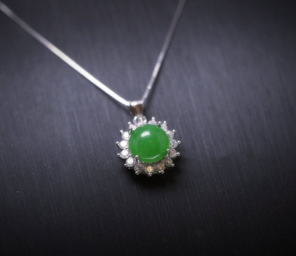 8 mm Green Jade Necklace Sterling Silver Princess Diana Style Sunflower Star Green Jade Pendant #248