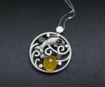 Yellow Carnelian Necklace - 925 Sterling Silver Yellow Onyx Fish Necklace - Large Round Ring Circle Pendant - Orange Agate