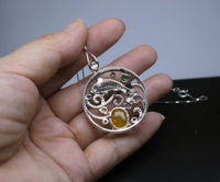 Yellow Carnelian Necklace - 925 Sterling Silver Yellow Onyx Fish Necklace - Large Round Ring Circle Pendant - Orange Agate