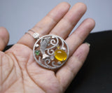 Yellow Carnelian Necklace - 925 Sterling Silver Yellow Onyx Fish Necklace - Large Round Ring Circle Pendant - Orange Agate