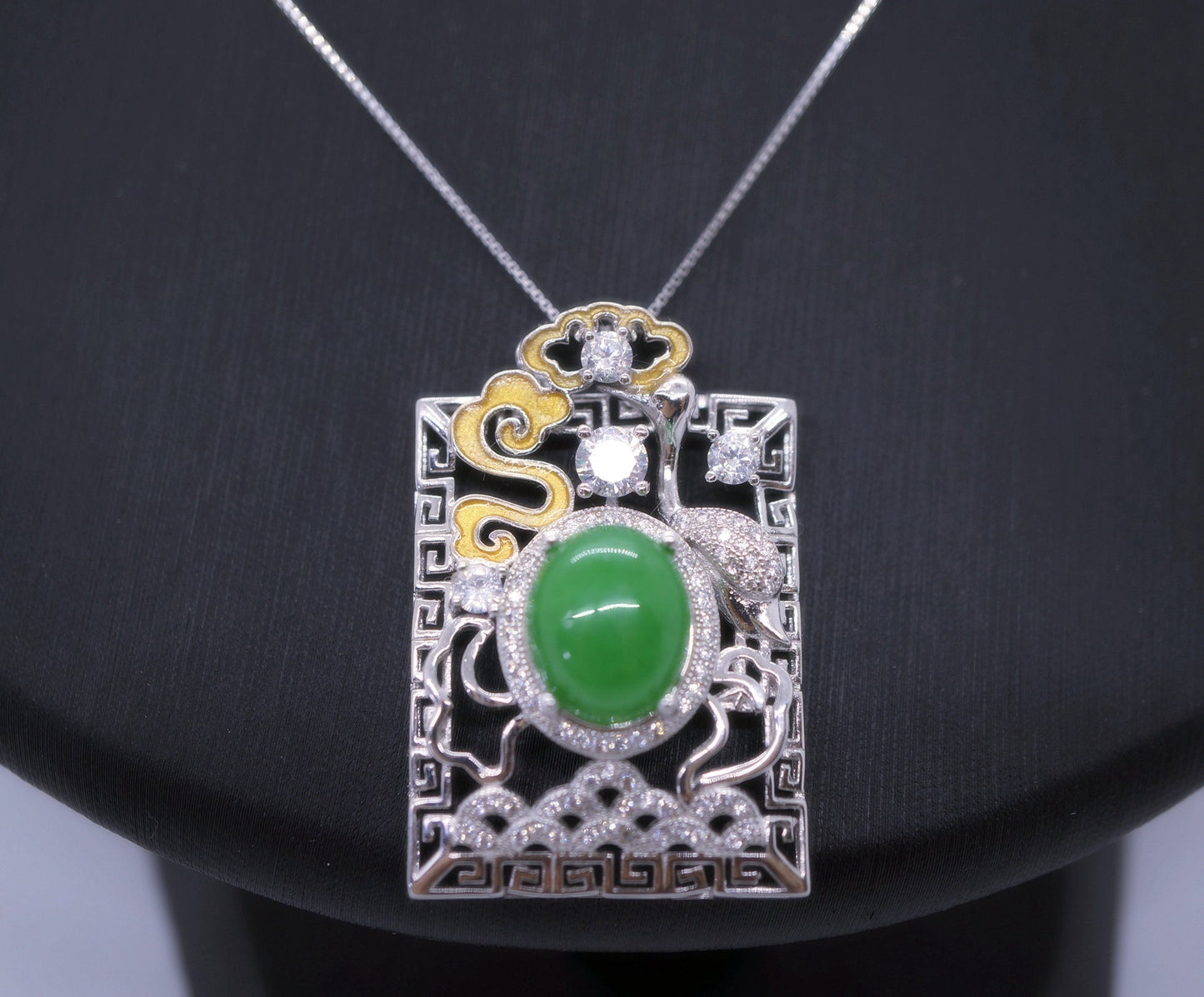 Large Luxury Green Jade Necklace Full Sterling Silver Made 1076