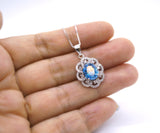 Blue Topaz Necklace - Gemstone Flower Of Life Pendant - 18KGP @ Sterling Silver 2 CT Oval Cut Blue Topaz Pendant - November Birthstone #368