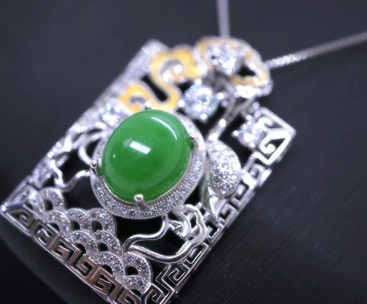 Large Luxury Green Jade Necklace Full Sterling Silver Made 1076