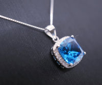 Topaz Necklace - Sterling Silver Cushion Square Large 6 CT Blue Topaz Jewelry #542