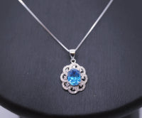 Blue Topaz Necklace - Gemstone Flower Of Life Pendant - 18KGP @ Sterling Silver 2 CT Oval Cut Blue Topaz Pendant - November Birthstone #368