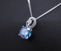 Blue Topaz Necklace - Sterling Silver Solitaire 8 mm Blue Topaz Jewelry - 18k @ Sterling Silver blue topaz pendant 082