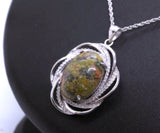 Large Natural Unakite Necklace Full Sterling Silver High Quality Energy Heart Chakra Healing Green Unakite Pendant #626