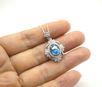 Large Blue Topaz Necklace - Sterling Silver Gemstone Victoria Flower Solitaire Blue Topaz Pendant #627