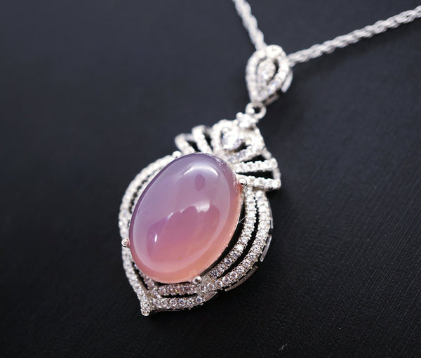 Large Pink Chalcedony Necklace - Sterling Silver Royal Gemstone Pink Gemstone Chalcedony Pendant , Wedding Jewelry #889