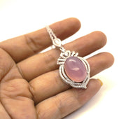 Large Pink Chalcedony Necklace - Sterling Silver Royal Gemstone Pink Gemstone Chalcedony Pendant , Wedding Jewelry #889