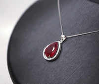 Large Teardrop Red Ruby Necklace - Sterling Silver 5.5 CT Red Corundum Ruby Pendant - 18KGP #613