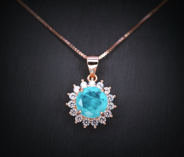 Blue Paraiba Tourmaline Necklace 8mm- Rose Gold Coated 925 Sterling Silver Princess Diana Style Hola Paraiba Pendant 085