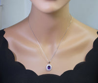 Large Genuine Amethyst Necklace - Sterling Silver Two Layer Cubic Zirconia - February Birthstone - Halo 3 CT Natural Amethyst Pendant