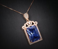 Large Rectangular Tanzanite Necklace - Rose Gold coated Sterling Silver Crown December Birthstone - 10 CT Emerald Cut Tanzanite Pendant