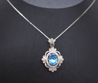 Large Blue Topaz Necklace - Sterling Silver Gemstone Victoria Flower Solitaire Blue Topaz Pendant #627