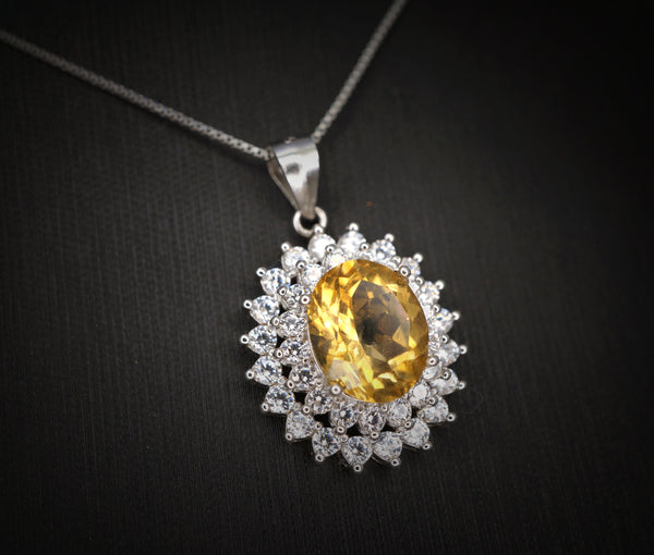 Large Genuine Citrine Necklace Diamond Halo Solitaire Natural Large 3 ct Citrine Pendant November Birthstone - 18KGP @ Sterling Silver #775