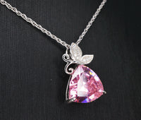 Pink Topaz Necklace - Large Triangle Pink Topaz Pendant, White Gold coated Sterling Silver, Gemstone Butterfly Pendant #631