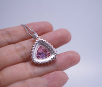 Large Triangle Pink Topaz Necklace, Sterling Silver Gemstone Trillion Pink Gemstone 7 CT Pendant White Gold plated #721