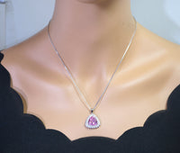 Large Triangle Pink Topaz Necklace, Sterling Silver Gemstone Trillion Pink Gemstone 7 CT Pendant White Gold plated #721