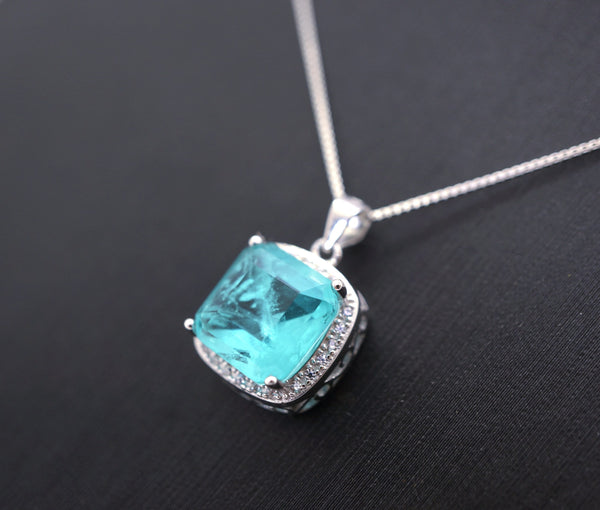 Large 10mm Paraiba Necklace - Sterling Silver cushion Square 6 CT Blue Paraiba Tourmaline Pendant #477