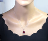 Large Teardrop Red Ruby Necklace - Sterling Silver 5.5 CT Red Corundum Ruby Pendant - 18KGP #613