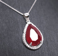 Large Teardrop Red Ruby Necklace - Sterling Silver 5.5 CT Red Corundum Ruby Pendant - 18KGP #613