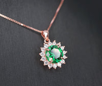 Rose Gold Coated 925 Sterling Silver Round 8mm 2 Ct Emerald Necklace - Princess Diana Halo Solitaire May Birthstone Emerald Pendant #145